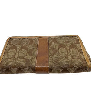 Coach Zip Around Brown Signature C Canvas Leather Wallet